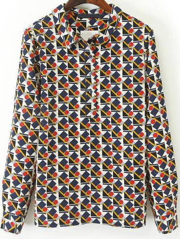 Shein Blue Lapel Long Sleeve Geometric Print Blouse