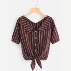 Shein Stripe V Neck Knot Shirt