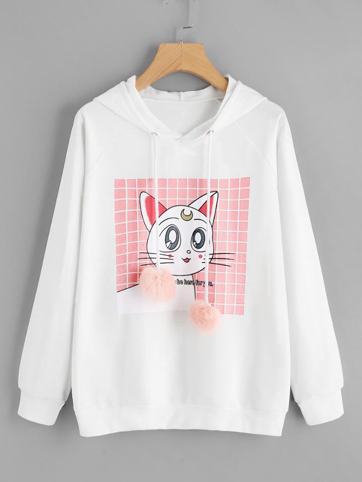 Shein Cat Print Drawstring Hoodie