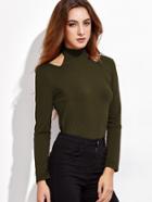 Shein Army Green Cut Out Mock Neck T-shirt