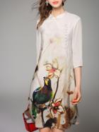 Shein Apricot Collar Birds Print Shift Dress