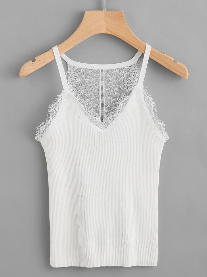 Shein Contrast Eyelash Lace Trim Ribbed Hollow Out Top