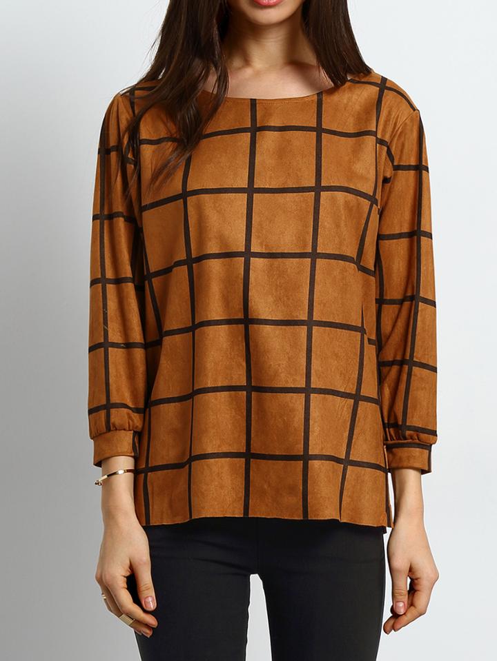 Shein Khaki Crew Neck Plaid Loose Blouse