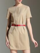 Shein Camel Pleated Belted Shift Dress