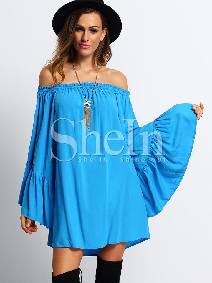 Shein Blue Off The Shoulder Ruffle Shift Dress