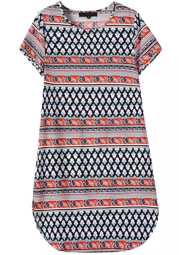 Shein Black Orange Short Sleeve Floral Loose Dress
