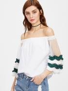 Shein Bardot Contrast Mesh Sleeve Exaggerated Frill Top