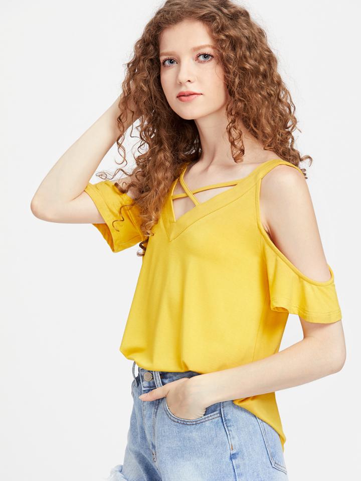 Shein Dual V Neck Crisscross Ruffle Sleeve Tee