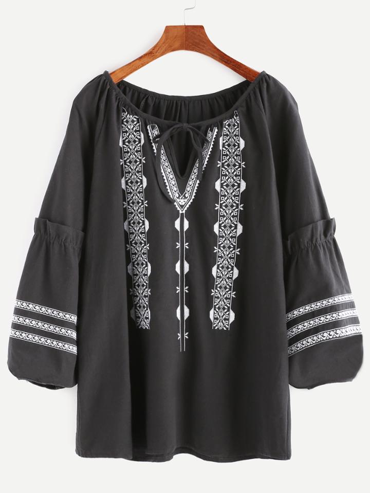 Shein Black Tie Neck Embroidered Ruffle Blouse