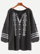 Shein Black Tie Neck Embroidered Ruffle Blouse