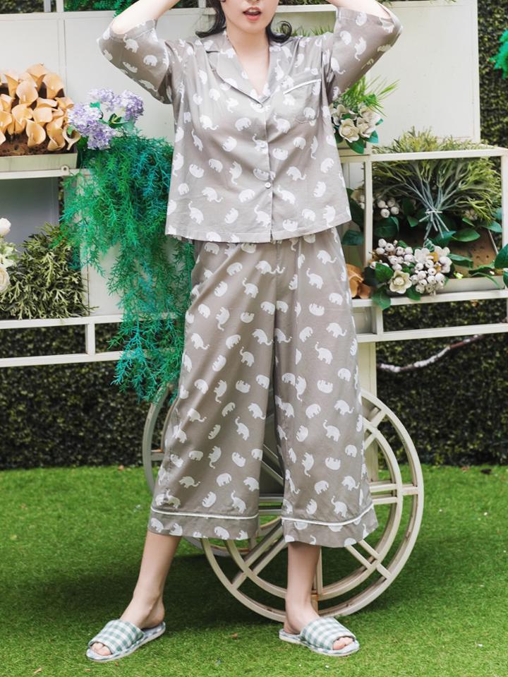 Shein Allover Elephant Print Shirt & Pants Pajama Set