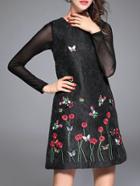 Shein Black Sleeveless Jacquard Flowers Applique Dress