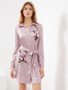 Shein Self Belted Dolphin Hem Embroidered Patch Satin Dress