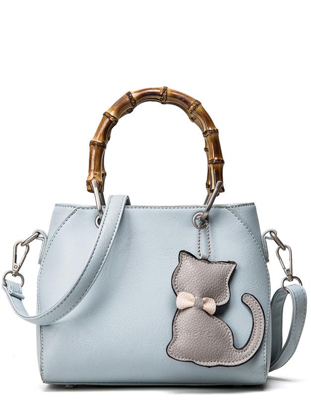 Shein Bamboo Handle Tote Bag With Cat Bag Charm - Baby Blue