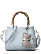 Shein Bamboo Handle Tote Bag With Cat Bag Charm - Baby Blue