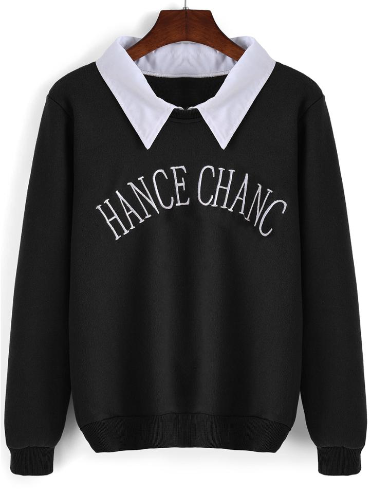 Shein Black Contrast Collar Letters Embroidered Sweatshirt