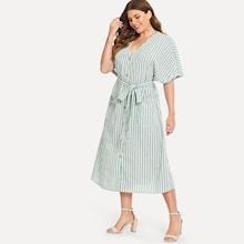 Shein Plus Pocket Front Button Up Striped Dress