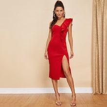 Shein Ruffle Detail One Shoulder Solid Split Dress