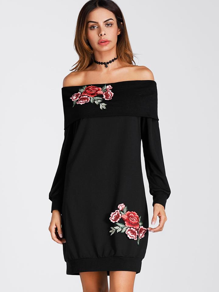 Shein Foldover Neckline Flower Applique Sweatshirt Dress