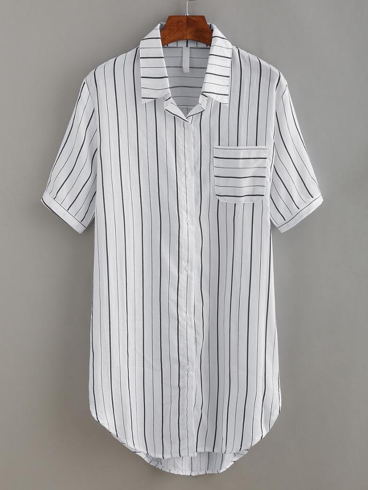 Shein Mixed Striped High-low Long Blouse - Black