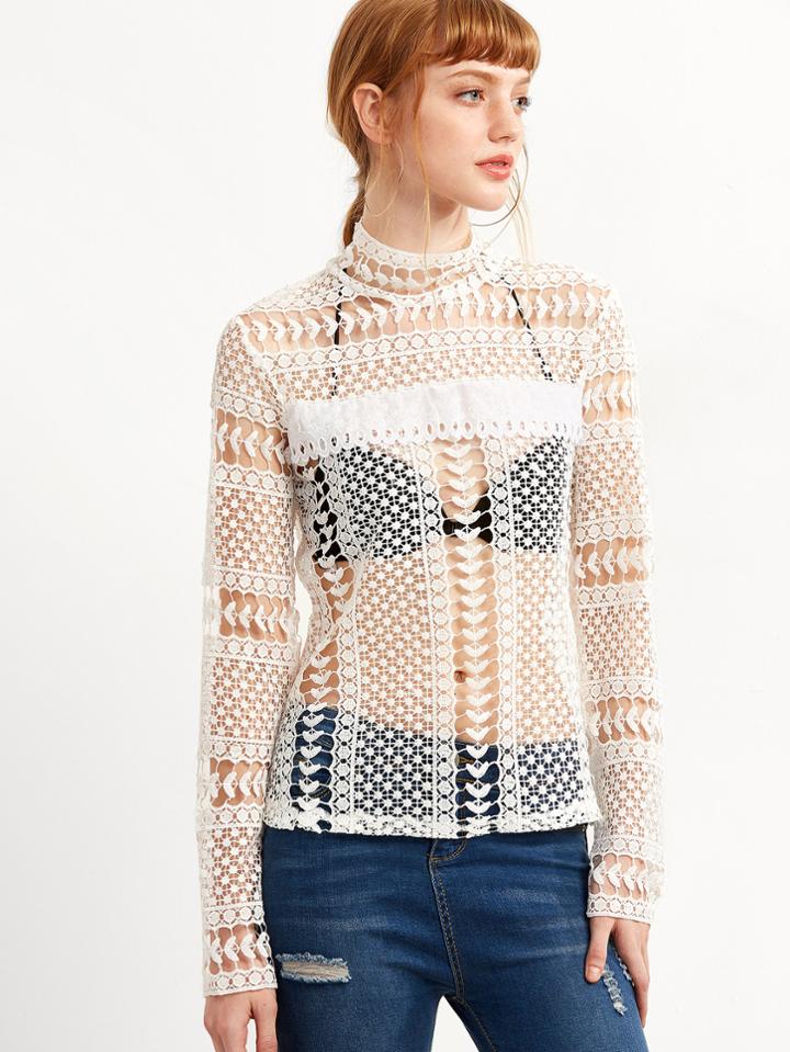 Shein White Embroidered Crochet Hollow Out Blouse