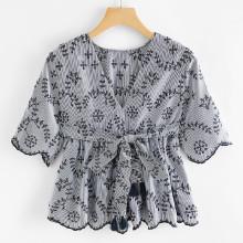 Shein Tassel Tie Waist Embroidered Striped Blouse