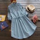 Shein Peter Pan Collar Embroidered Drawstring Shirt Dress