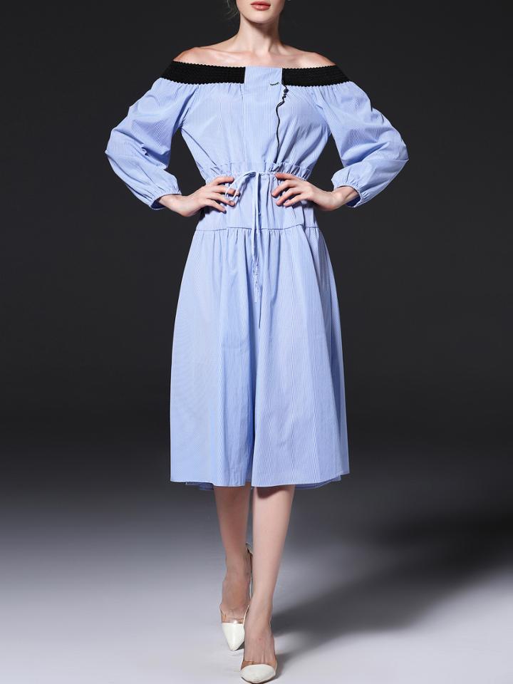 Shein Blue Striped Off The Shoulder Drawstring Dress