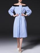 Shein Blue Striped Off The Shoulder Drawstring Dress