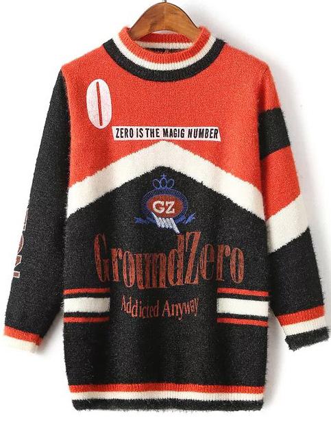 Shein Red Color Block Letter Print Crew Neck Sweater