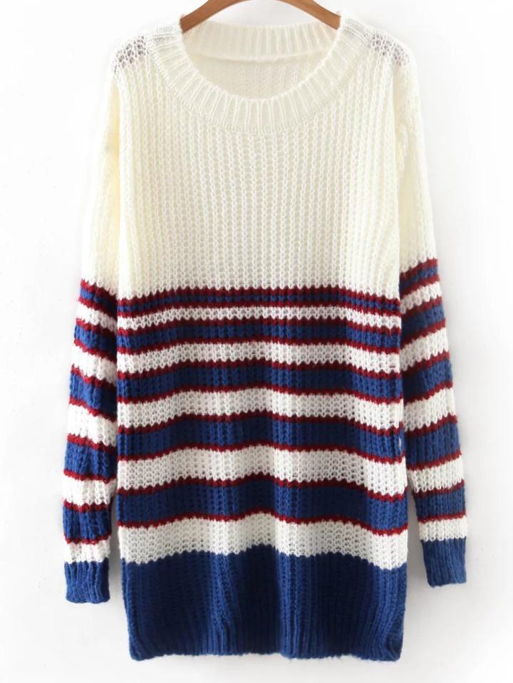 Shein White Round Neck Stripe Long Knitwear