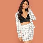 Shein Open Front Grid Blazer And Tie Waist Skirt Set