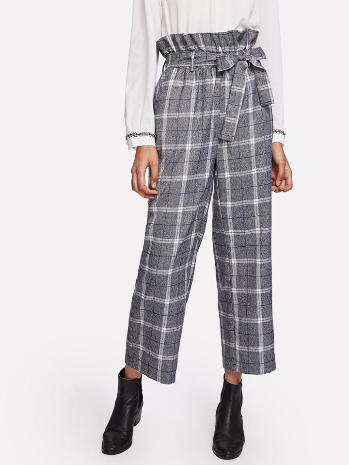 Shein Ruffle & Drawstring Waist Plaid Wide Leg Pants