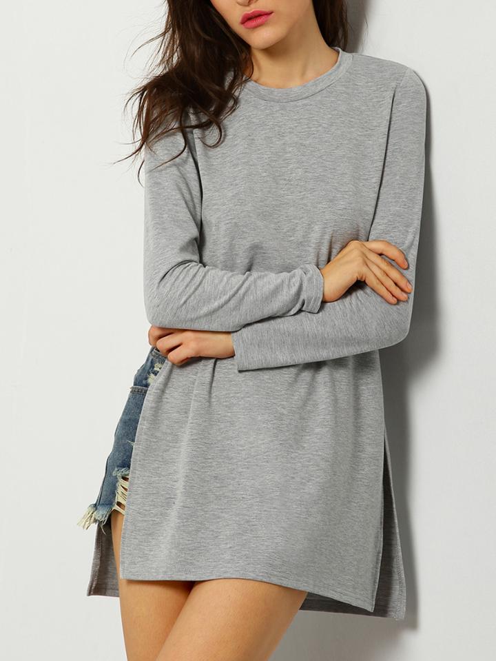 Shein Grey Long Sleeve Split Side Casual T-shirt