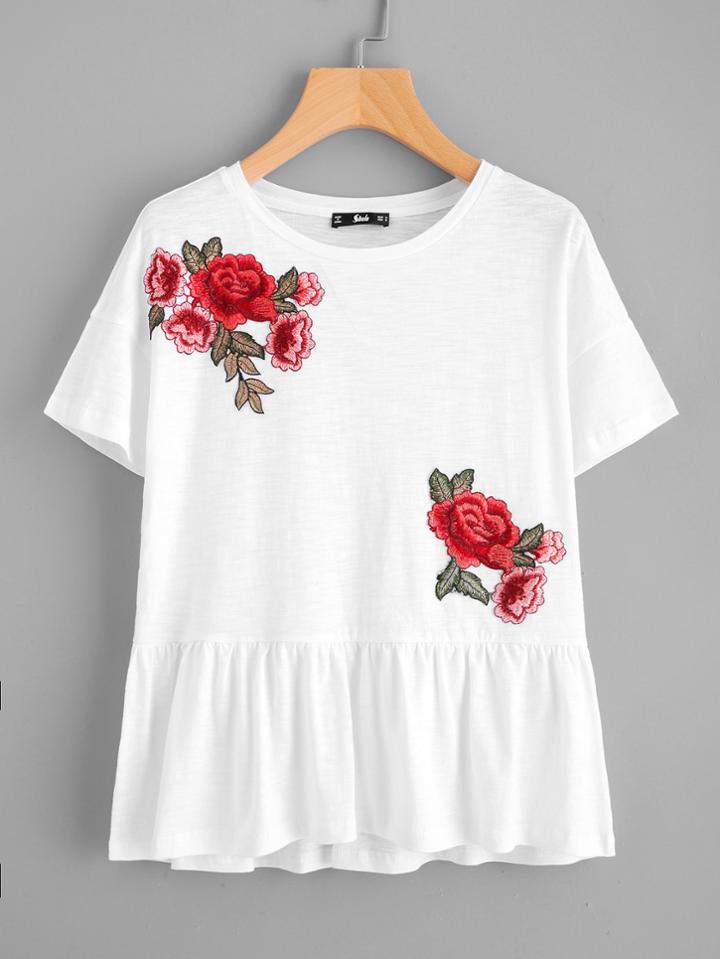 Shein Rose Patch Slub Peplum Tee