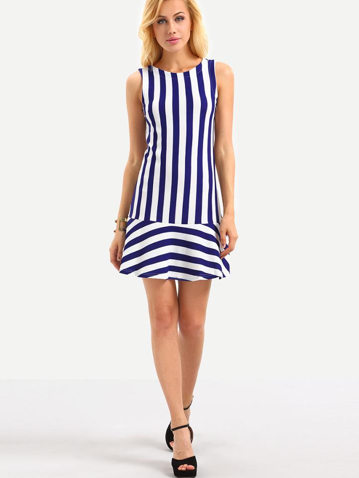 Shein Ruffled Hem Sleeveless Vertical Striped Dress - Blue