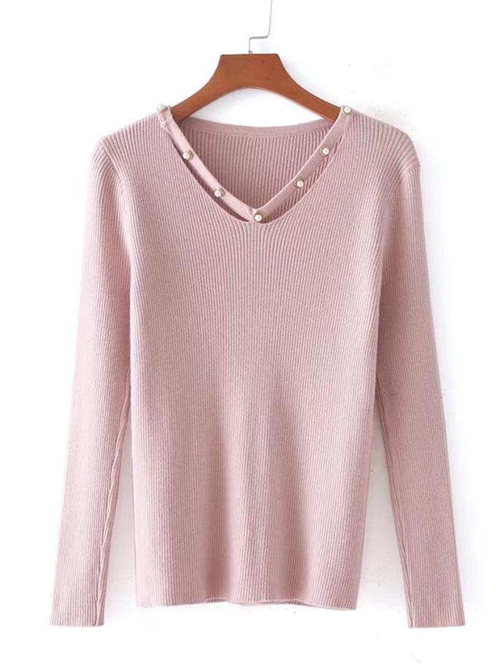 Shein Faux Pearl Embellished Neck Rib Knit Sweater