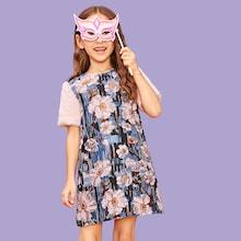 Shein Girls Faux Fur Sleeve Floral Print Dress