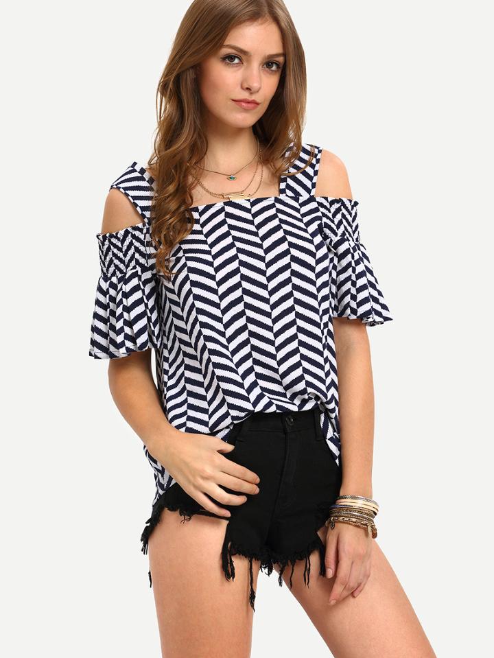 Shein Multicolor Half Sleeve Cold Shoulder Stripe Blouse