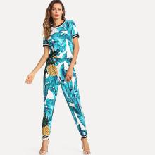 Shein Striped Trim Tropical Top & Peg Pants Set