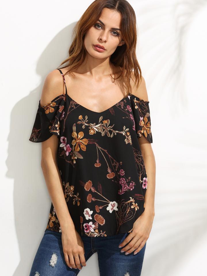 Shein Black Floral Print Cold Shoulder Blouse