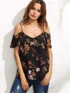 Shein Black Floral Print Cold Shoulder Blouse