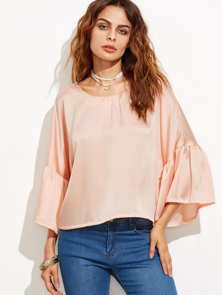 Shein Pink V Back Bell Sleeve Silky Blouse