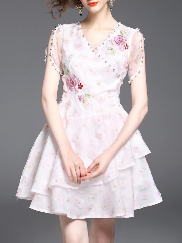 Shein V Neck Beading Flowers Embroidered Dress