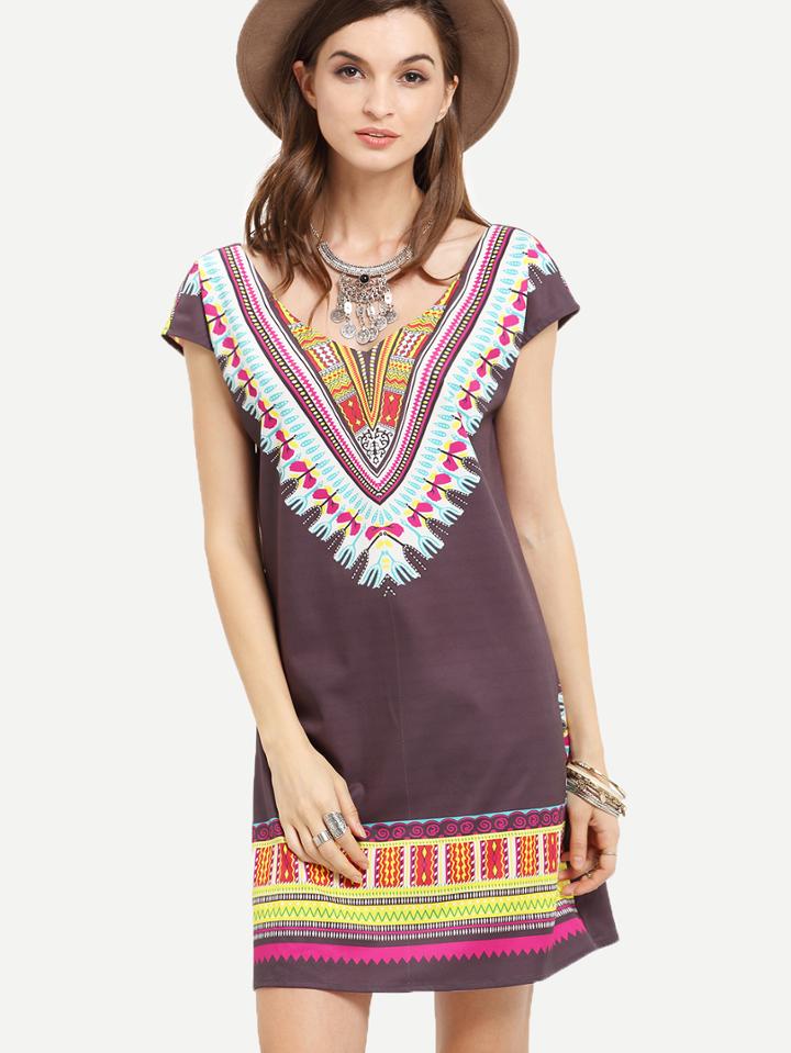 Shein Multicolor Print Cap Sleeve Scoop Neck Shift Dress