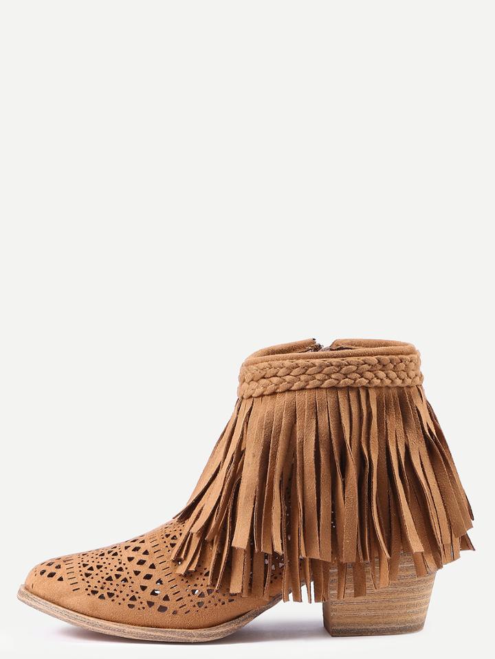 Shein Tan Faux Suede Laser-cut Fringe Boots