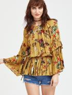 Shein Botanical Print Flute Sleeve Elastic Waist Top