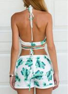 Rosewe Two Piece Print Cutout Neck Top And Short Pants