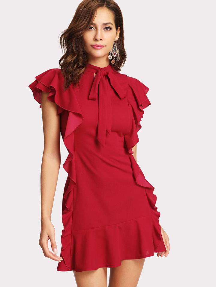 Shein Flounce Embellished Tied Neck Dress