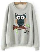 Shein Grey Owl Patch Beaded Long Sleeve Sweatshirt